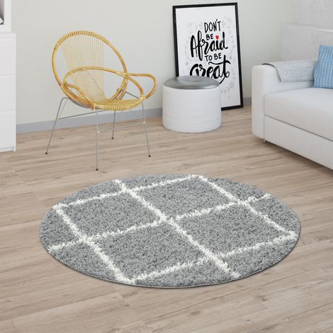 Paco Home Tapis Poils Longs, Shaggy Pour Salon, Design Scandinave Et Motif Losanges Gris 160 cm rond