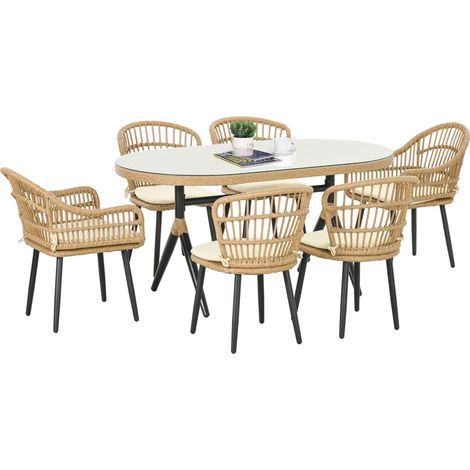 Salon de jardin 6 personnes en rotin PE - 1 table rectangulaire et 6 chaises avec coussins idéal pour aménager votre terrasse, balcon ou jardin, alliant confort et durabilité pour vos moments de dé...