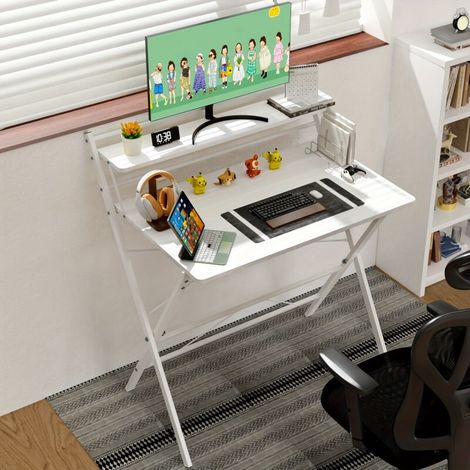 Petite table pliante,80x50x107cm,Bureau d'ordinateur pliable à 2 niveaux avec étagère (1/5)