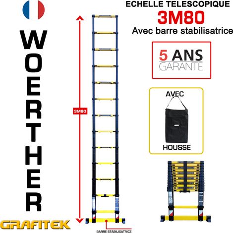 Echelle télescopique 3m80 Woerther avec barre stabilisatrice - Charge maximal 150Kg - Garantie 5 ans (1/2)