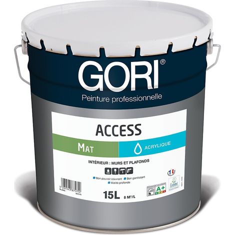 Peinture acrylique mate murs et plafonds – Coloris blanc – Application brosse, rouleau, pinceau, pistolet – Sec au toucher 2h, recouvrable 6h – Gori