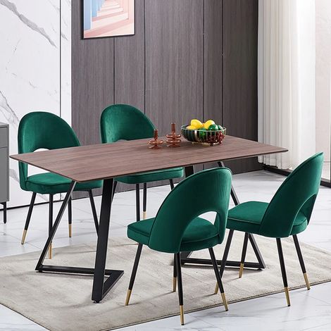 AINPECCA 150cm Dining Table and Chair Set Brown - 4x Green Velvet Dining Chairs & Wooden Dining Table