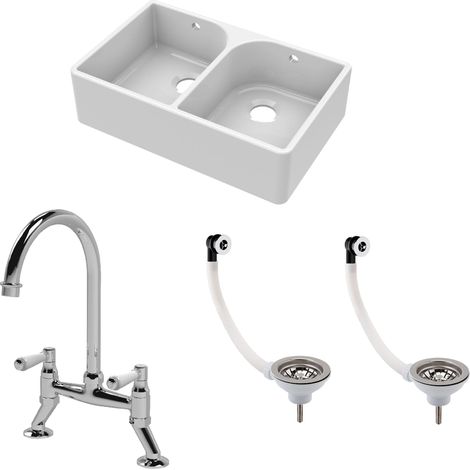 Fireclay Kitchen Bundle -  2 Bowl Full Weir Butler Sink with Wastes & Bridge Lever Tap - 795mm - Chrome