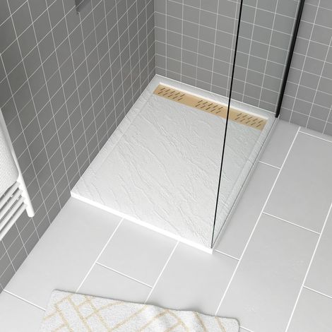 Plato de ducha Acrílico Blanco Efecto Piedra 80x100x4 cm - Rejillas Cromo y Oro Cepillado - MOON
