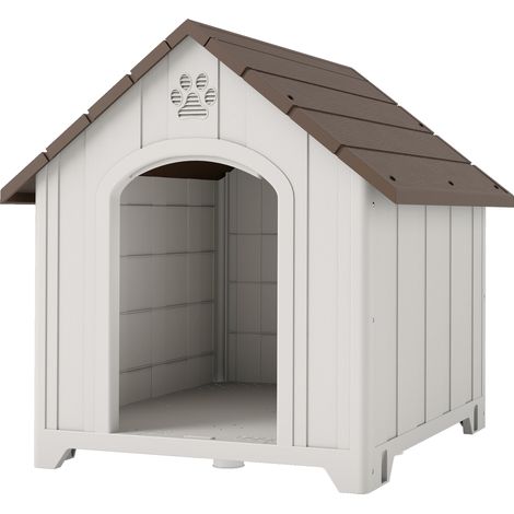 Niche d'extérieur pour chien, grande niche en plastique avec 2 fenêtres, base surélevée, piquets, marron foncé (1/5)