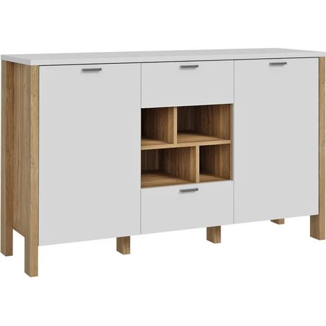Buffet L. 141 cm décor gris clair / chêne et poignées métal - DEVONNE (1/5)