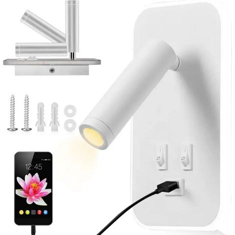 TTLIFE Liseuse de Chevet, 3W+9W 3000K Fixation Murale Spot Rotatif, Applique Murale LED avec Interrupteur et Port de Charge USB