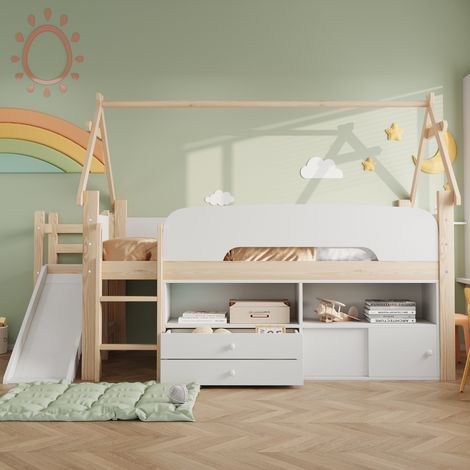 Lit cabine 90x200cm - toboggan + rangements + sécurité - bois - naturel et blanc (1/5)
