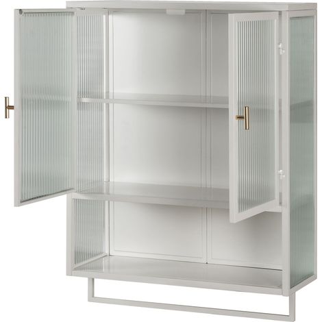 Pensile da Parete con 2 Ante in Vetro, 2 Livelli, Ripiano Aperto e Porta Asciugamani, Metallo, 60×23×78 cm, Bianco (1/5)