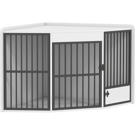 Cage pour chien, niche pour chiens de petite et moyenne taille, cage de transport, porte pour gamelle, MDF, métal, blanc