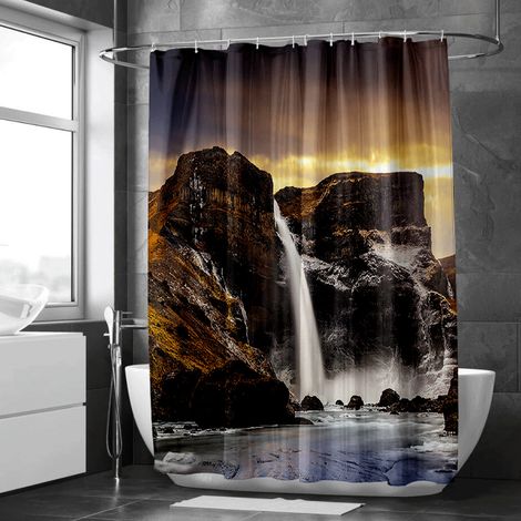 Rideau de douche motif montagne et lac paisible, tissu salle de bain imperméable, 90x180 cm (1/5)