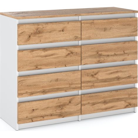 Commode 120 cm – Blanc mat / Oak Wotan – 8 tiroirs – Design contemporain – Rangement optimisé pour salon et chambre (1/5)