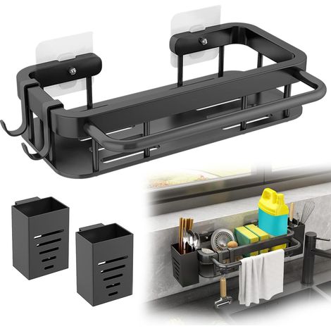 Organisateur Evier - Acier Inoxydable - Pour Éponge et Ustensiles de Cuisine - Avec 2 Repose-Baguettes - Noir - 1 Pièce