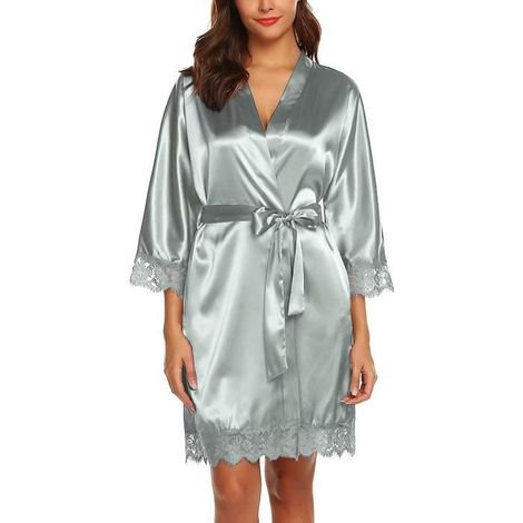 Peignoir de bain - Peignoir Satin Soie - Modèle Court - Col V Oblique - Taille M - Gris (1/4)