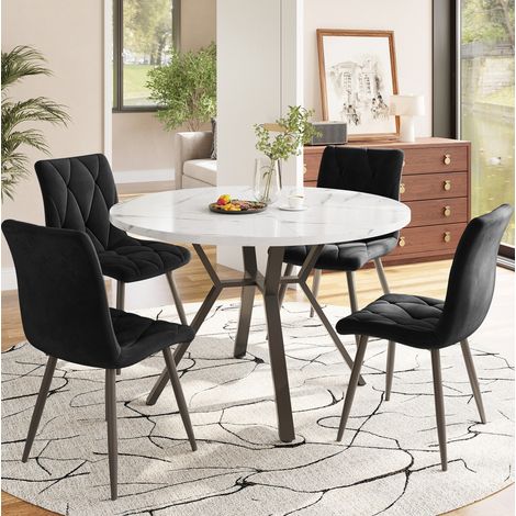 FLORAGRACE Ensemble table et chaises de salle à manger 5 pièces ronde 100cm, en MDF blanc , pieds métal noir, 4 chaises noir (1/5)