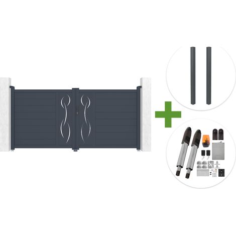 Portail battant 3m LIFE H.140cm aluminium gris + 2 poteaux ELDA + motorisation Tanker B700 (1/5)