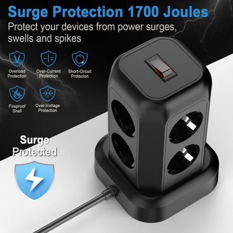Multiprise avec Interrupteur, Tour Multiprise 8 Prises et 3 USB, Multiprise Parafoudre et Surtension Rallonge Electrique 1.8M Câble (1/5)