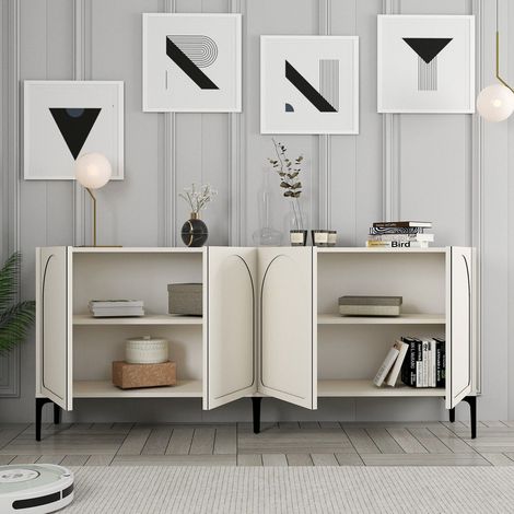 Aparador Torno, Alacena 2 Estantes, 4 Compartimentos, 4 Puertas, 180x35x79h cm Blanco Crema (1/5)