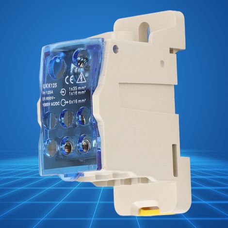 Bornier sur rail DIN pour boîtes de distribution, boîtes de jonction d'alimentation et connecteurs de bornes d'alimentation, AC/DC 1000V 125A. (1/5)