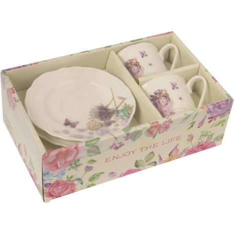 Set composto da 2 tazze e 2 piattini in ceramica con vaso viola, in confezione regalo. (1/4)