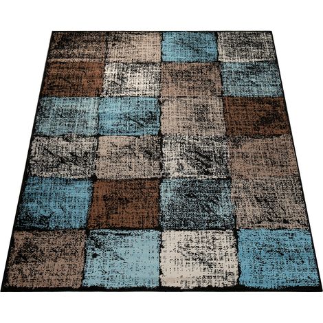 Paco Home Designer Teppich Wohnzimmer Ausgefallene Farbkombination Karo Türkis Braun Creme 60x100 cm (1/4)