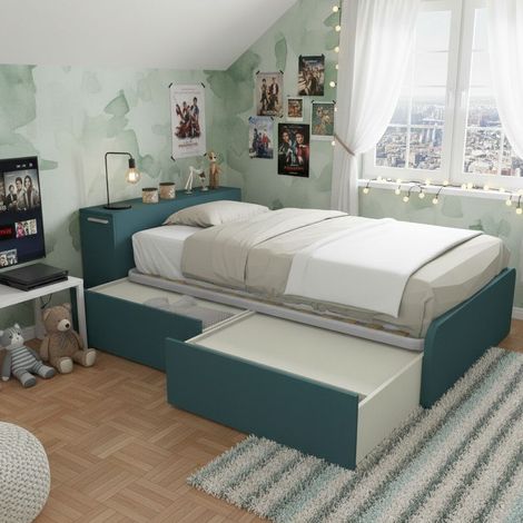 Letto una piazza e mezza 120x190 con contenitore - Ideale per camerette - Verde Petrolio (1/5)