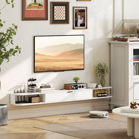 Meuble TV Suspendu, Meuble Télé pour Téléviseur jusqu'à 75 Pouces, Tiroir Rabattable, 2 Étagères, 180x24x16cm, Blanc (1/5)