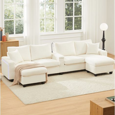 Canapé U 334x128,5x81 cm en velours côtelé beige avec USB et LED, pour salon – MEUBLIV (1/5)