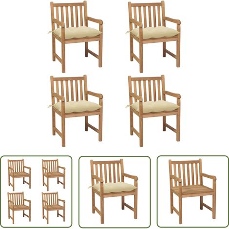The Living Store Chaises de jardin lot de 4 et coussins blanc crème Teck solide - Chaise De Jardin - Mobilier De Jardin - Meubles De Terrasse - Set De Chaises - Chaise En Teck (1/5)