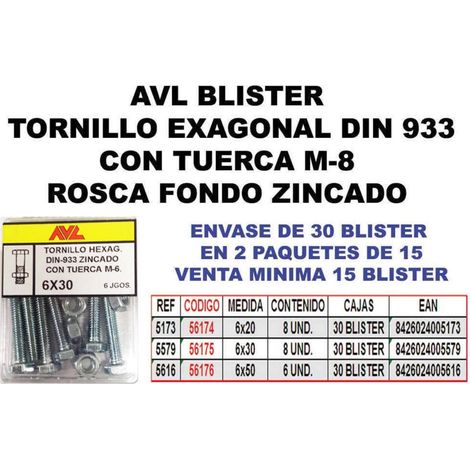 Vis hexagonale avec écrou 6x30 zinguée AVL blister 5579