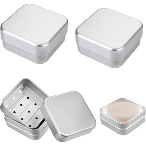 Lot de 3 boîtes à savon carrées en aluminium, boîte à savon de voyage avec égouttoir amovible et couvercle/barre de savon argentée/porte-savon à 2 couches portable pour la maison et (1/5)