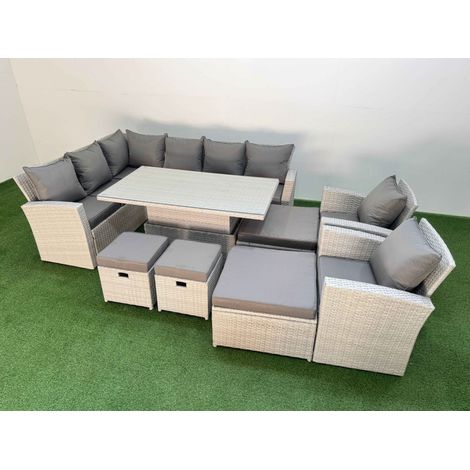 Fimous 12 Seat Rattan Outdoor Garden Furniture Corner Sofa Set Adjustable Lifting Dining or Coffee Table Set with Armchair Light Grey (1/5)