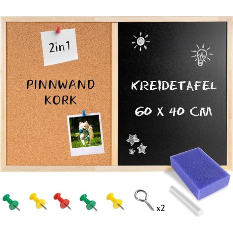 Creative Home 60 x 40 cm Pinnwand Kork & Kreidetafel Kombitafel Schwarz mit 5 Stiften, Kreide und Schwamm (1/5)
