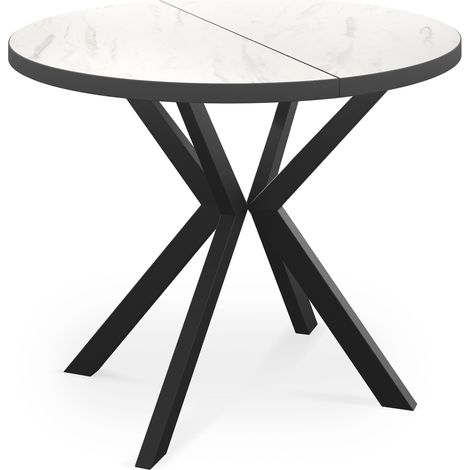 Runder Ausziehbar Tisch für das Esszimmer - Tischrand Schwarzes Dekor - 100 oder 120 cm - Ausziehbarer Tisch mit Schwarzen Metallbeinen - 100 cm - Marmor Weiß