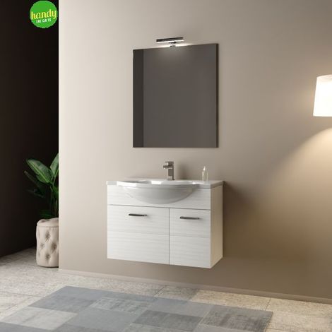 Mobile bagno sospeso con specchiera e lavabo integrato modello baffo 85cm composizione completa - portuna bianco Mobo (1/2)
