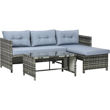 Easycomfort Salotto da Giardino con Divanetto, Chaise Longue e Tavolino in Rattan PE con Cuscini, Grigio (1/5)