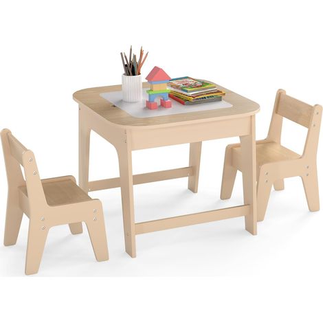 COSTWAY Set Tavolo e 2 Sedie per Bambini, con Lavagna Reversibile, Tavolo Multiattività con Vano Portaoggetti Nascosto e Sedie, per Bambini da 3-6 Anni, per Cameretta e Soggiorno (Giallo)