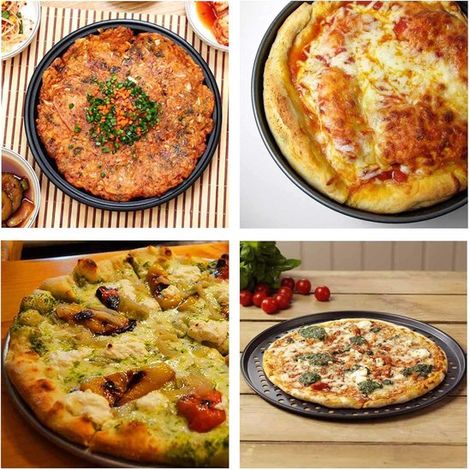 Juego de 3 piezas: plato redondo para pizza，bandeja antiadherente para hornear pizza y sartén perforada de acero al carbono (1/4)
