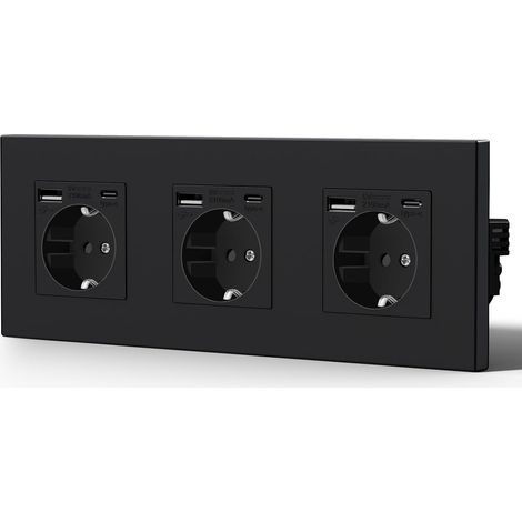 Prise murale standard Schuko, Prise allemande en Plastique, 3 Prise USB C-228mm, Noir (1/5)