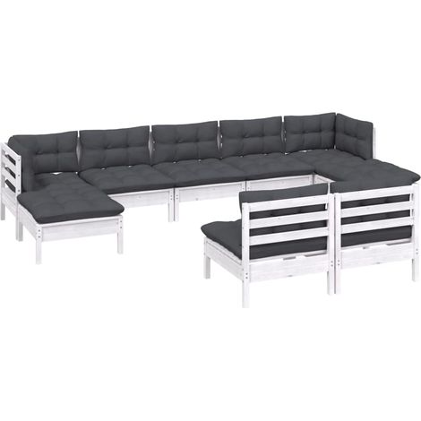 vidaXL Set Divani da Giardino 9 pz con Cuscini Bianchi Legno di Pino (1/4)