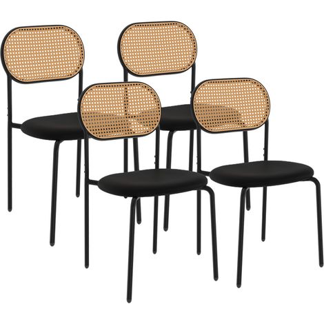 Idmarket – Lot de 4 chaises vintage en métal noir – Dossier cannage – Assise matelassée – Hauteur 80 cm – Pour salle à manger