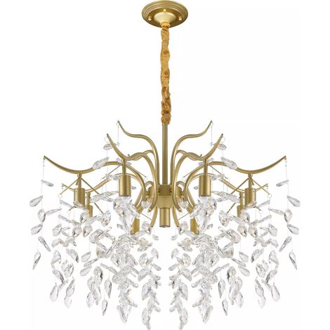 Gojoy – Lustre en cristal doré à 8 branches – Pendentifs K9 – Éclairage 9 ampoules E12 – Pour salons, chambres, restaurants – Longueur chaîne 30cm