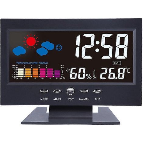 LED-Tischuhr mit Wettervorhersage, Digitalanzeige, Kalender, Wecker und großem Multifunktionsdisplay (schwarz, mit USB-Kabel) – 15,5 x 11 cm – Schwarz (1/4)