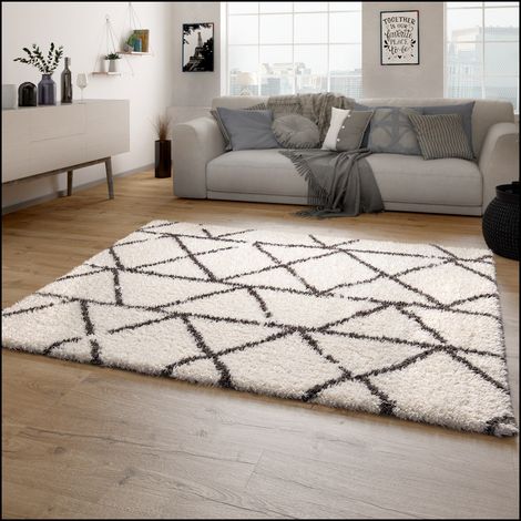 Paco Home Hochflor Teppich Wohnzimmer Shaggy Langflor Skandinavisches Rauten Muster Modern 80x150 cm, Creme 5