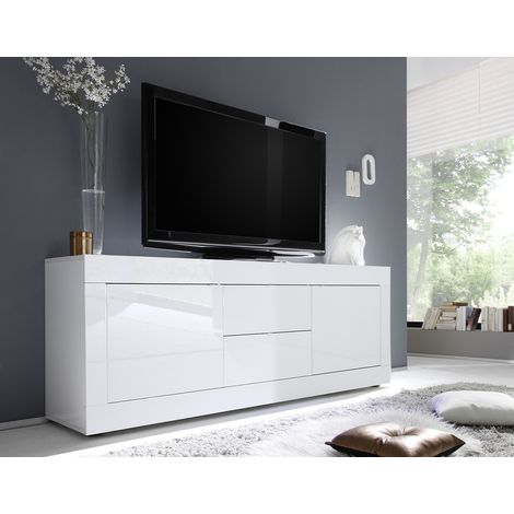 Meuble TV moderne 210 cm laqué blanc brillant Agathe (1/2)