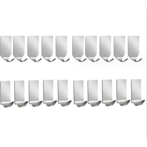 Self Adhesive Hooks, 20PCS Stainless Steel Wall Hooks Heavy Duty Nail Free Hangers for Kitchen, Bathroom, Office, Closet, Hanging Coat, Towel, Key Decorations