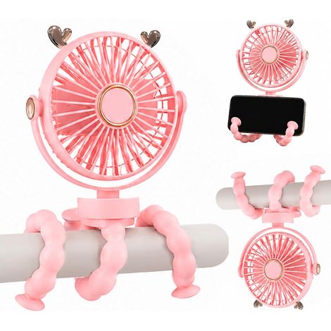 Ventilateur portable pour poussette, rotation à 360°, 3 vitesses, convient aux poussettes, au camping, aux sièges auto pour enfants et au bureau (pink deer). (1/5)