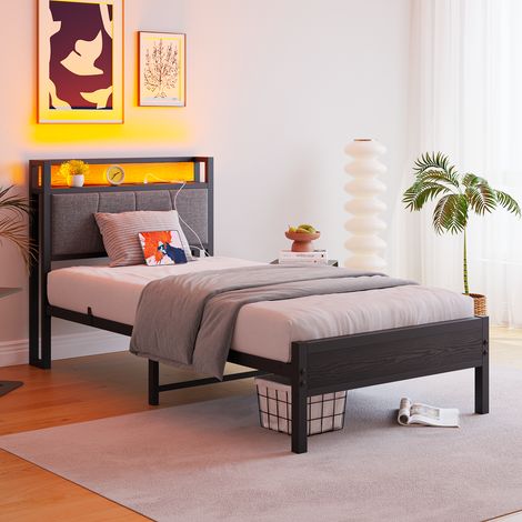 Lit 90x200 cm noir en MDF et métal avec tête de lit de rangement, LED et USB (1/5)