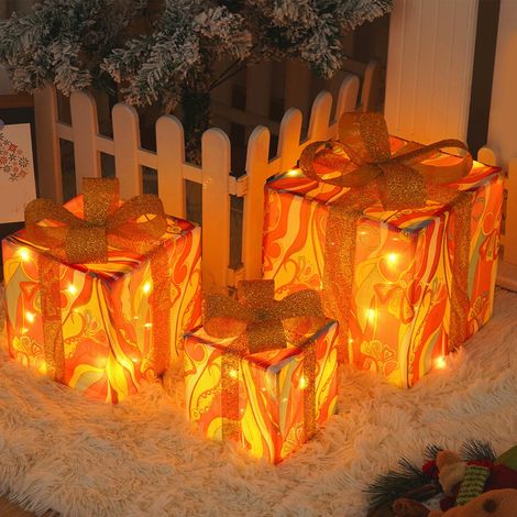 Boîte Cadeau Éclairée - Boîte Présent Noël avec LED Blanc Chaud - Pour Intérieur Extérieur - 3 Pièces - Dimensions 15,5 / 20,5 / 25,5 cm (1/5)