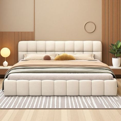 Bett Double 160x200 - Skandinavisches Design - Gepolsterte Kopfteil - Holzstruktur - Ökologischer Komfort